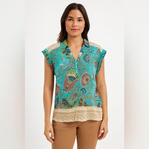 Just Pearls Teal Blouse with Intricate Dainty Lace Feminine Floral Detail Large